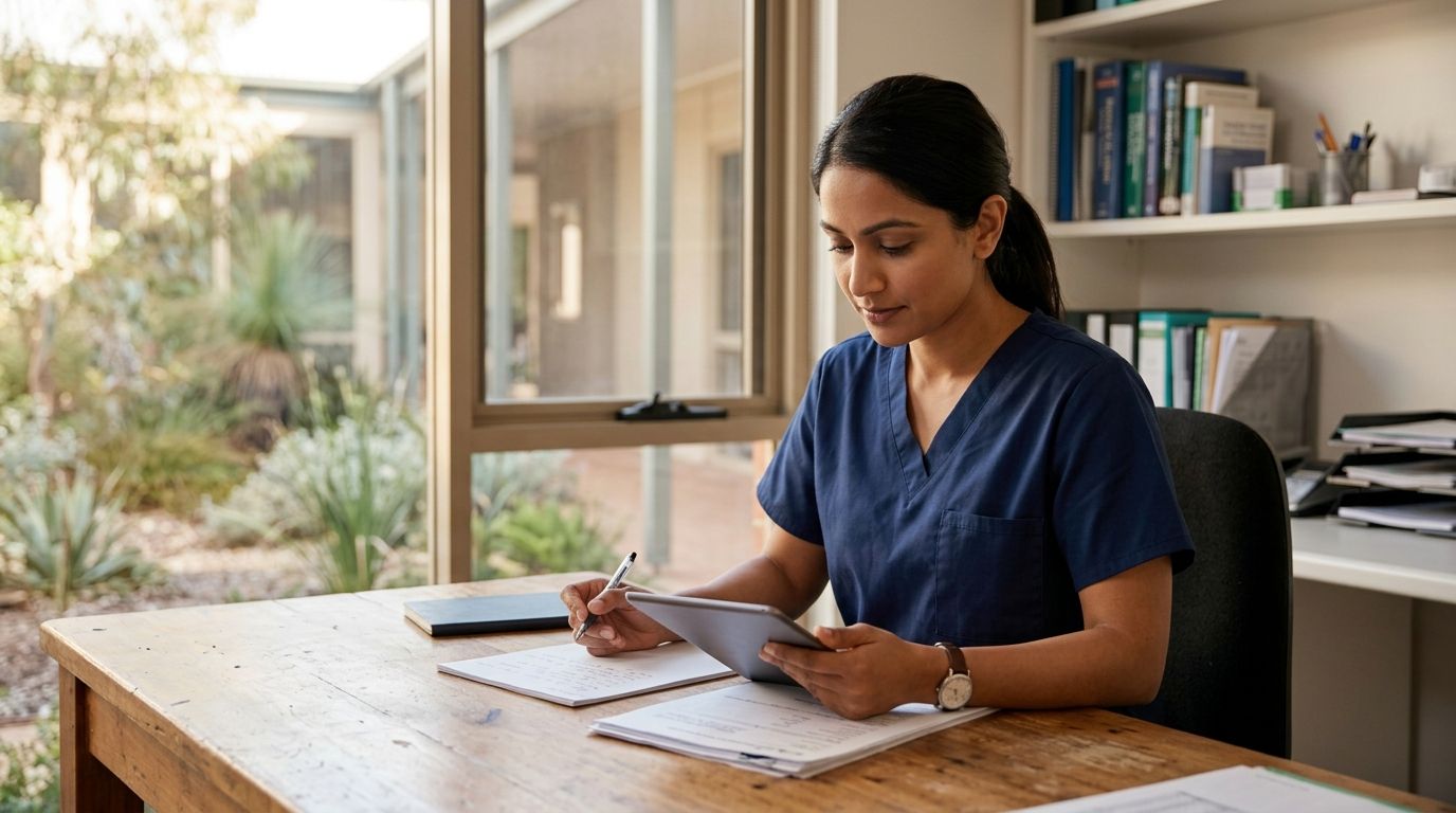 Overseas nurse reviewing documents for an Australian allied health assistant qualification pathway