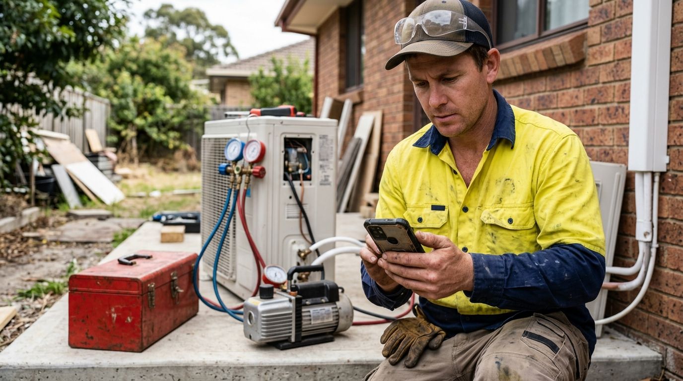 Australian split system technician on site checking employer qualification requirements on his phone