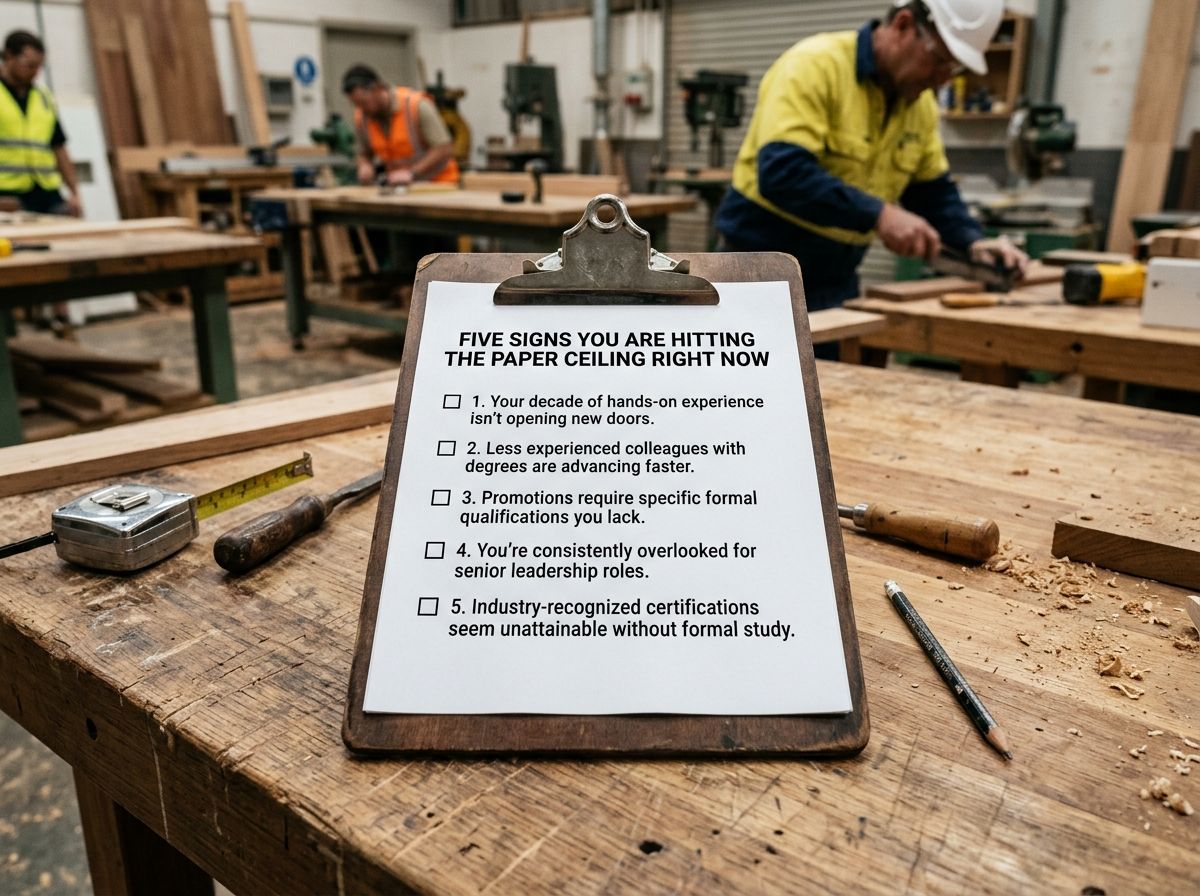 A real clipboard on a workshop bench showing a checklist of signs indicating a worker has hit a career ceiling.