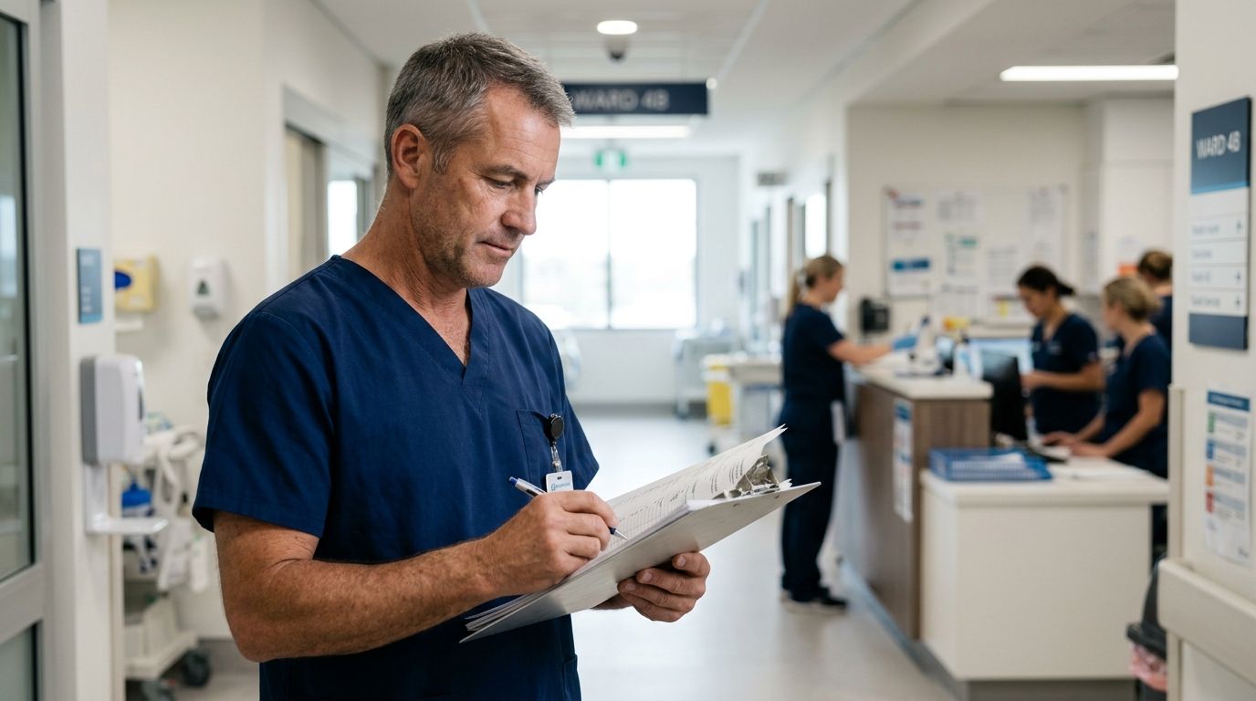 Experienced health services assistant reviewing patient care documentation on an Australian hospital ward.