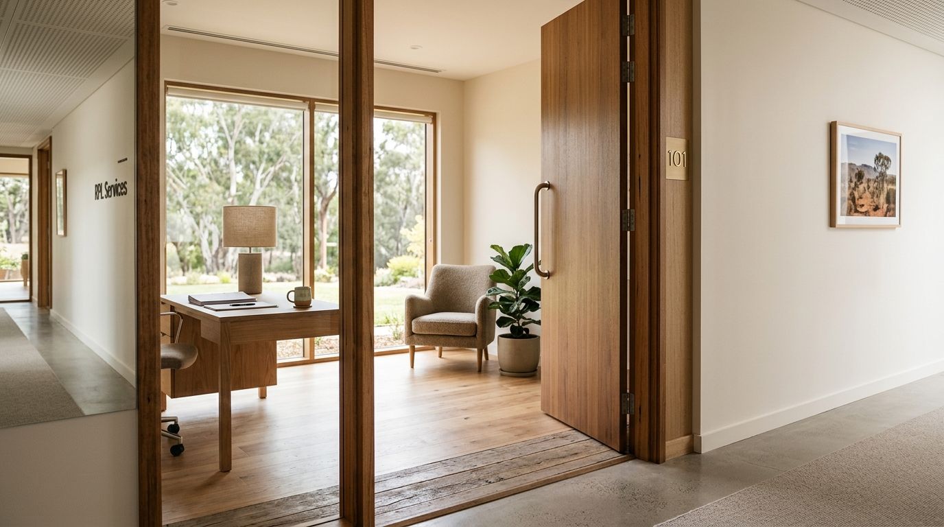 An open office door with natural light, representing the pathway from experience to formal community services qualifications.
