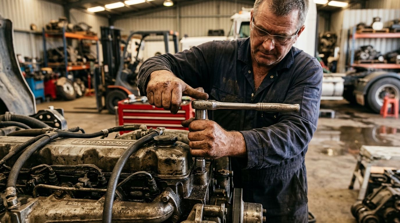 Experienced heavy diesel mechanic working on a heavy commercial vehicle engine, showing hands-on competence.