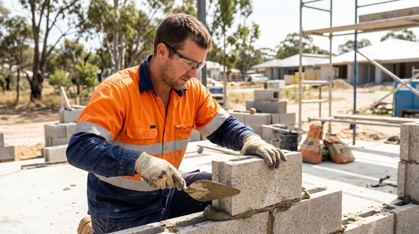 Experienced Australian bricklayer laying a concrete block on site, showing hands-on trade skills for RPL assessment