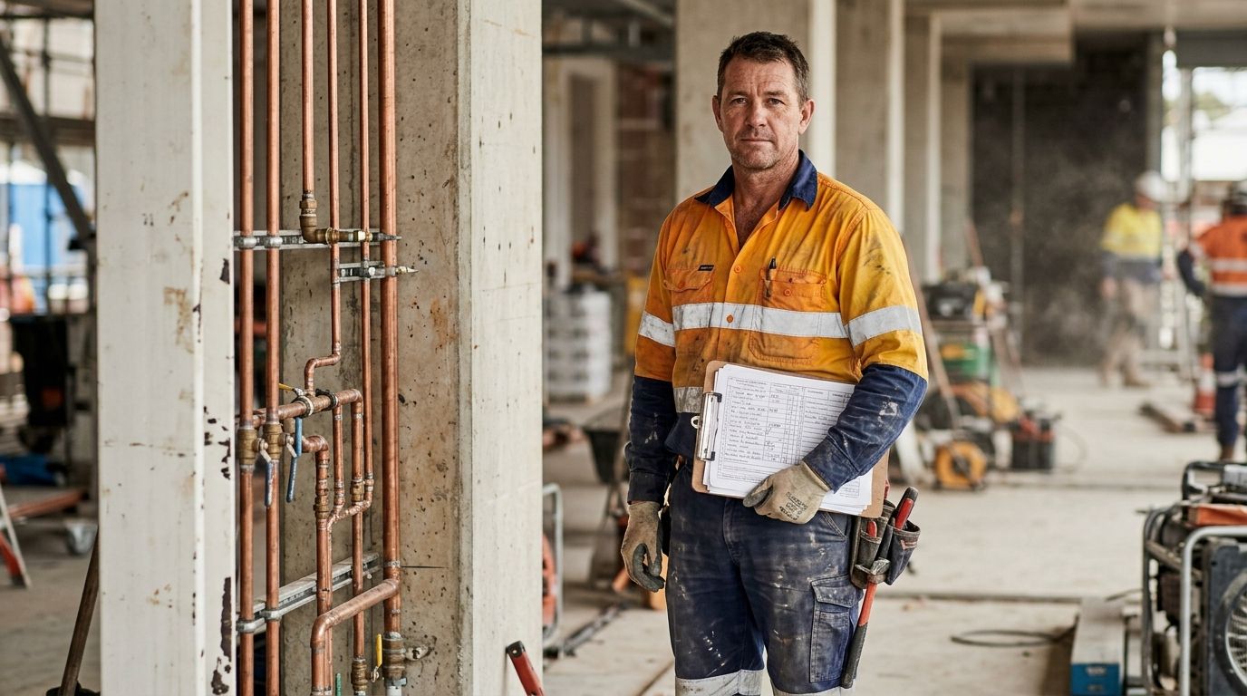 Experienced plumber reviewing compliance paperwork on an Australian job site.