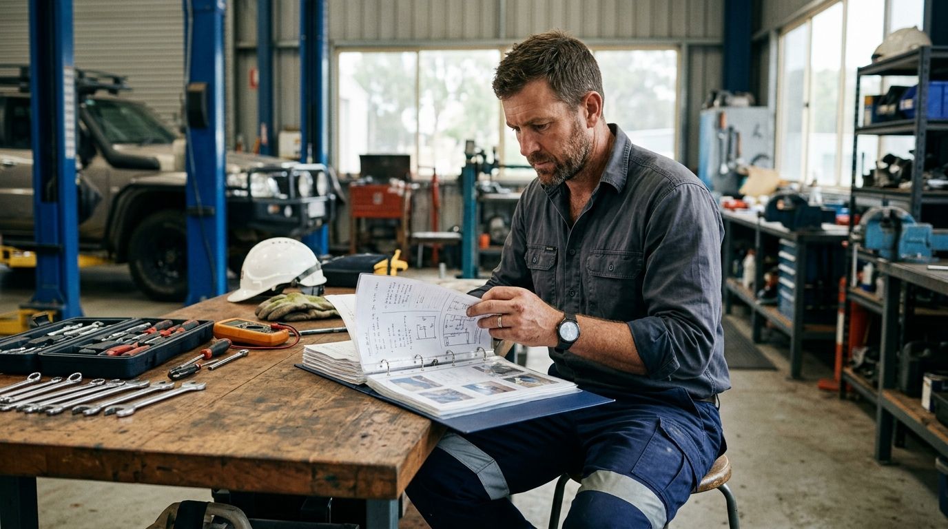 Australian tradesperson organizing an RPL evidence portfolio at a workshop workbench