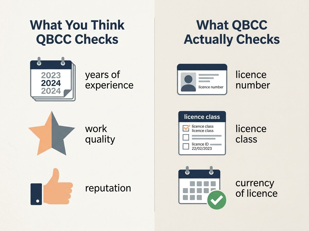 Infographic comparing what employers assume QBCC checks versus what is actually audited