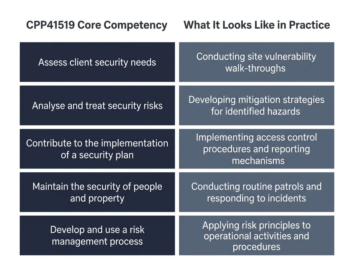 Infographic mapping CPP41519 core units to daily security risk tasks