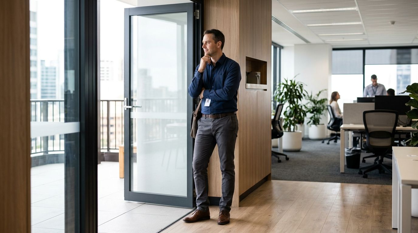 An experienced IT professional looking through an open doorway, representing RPL career advancement in Australia