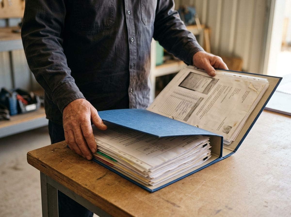 Experienced worker's hands presenting an RPL evidence portfolio for formal skills assessment in Australia