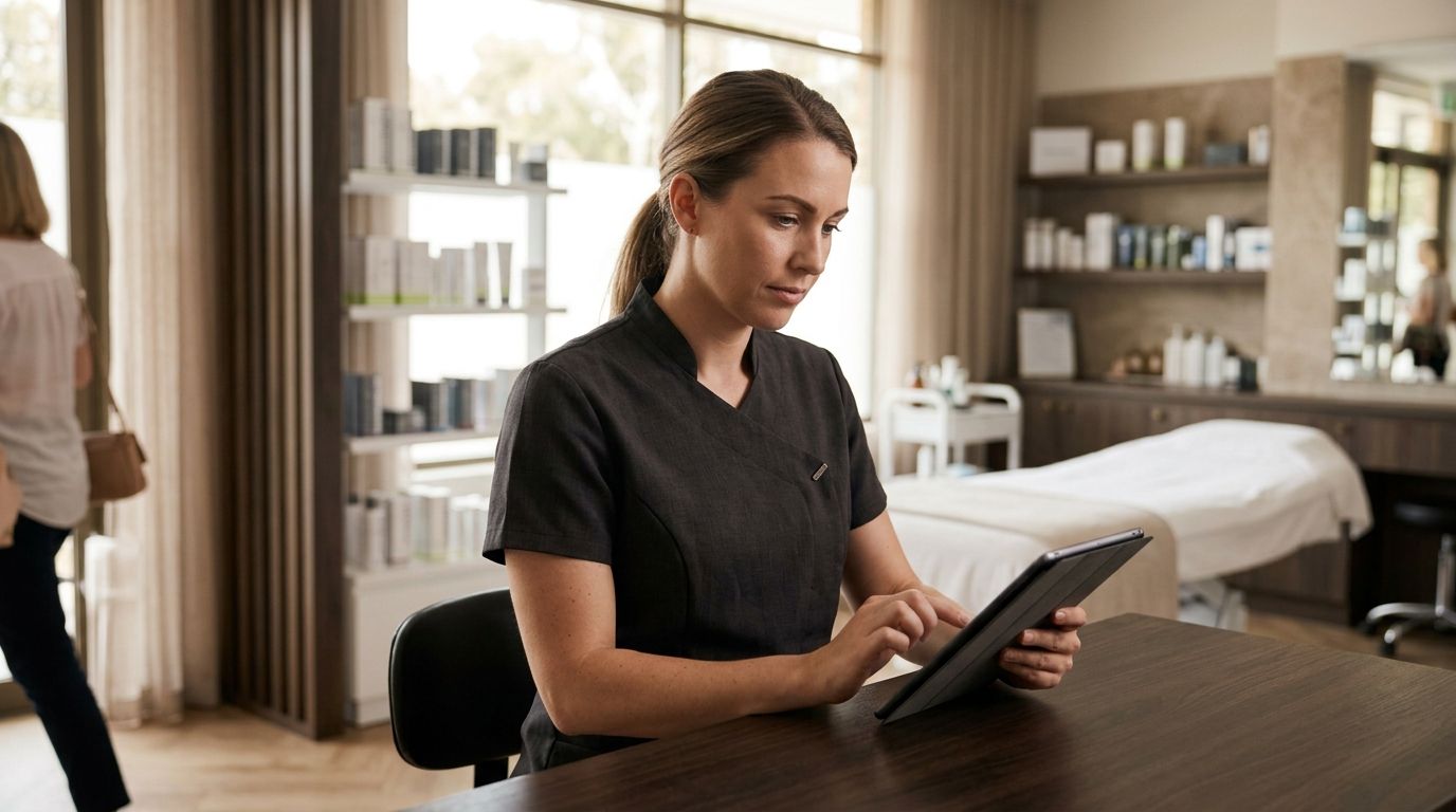 Experienced beauty therapist in a professional Australian salon reviewing a fully booked appointment schedule