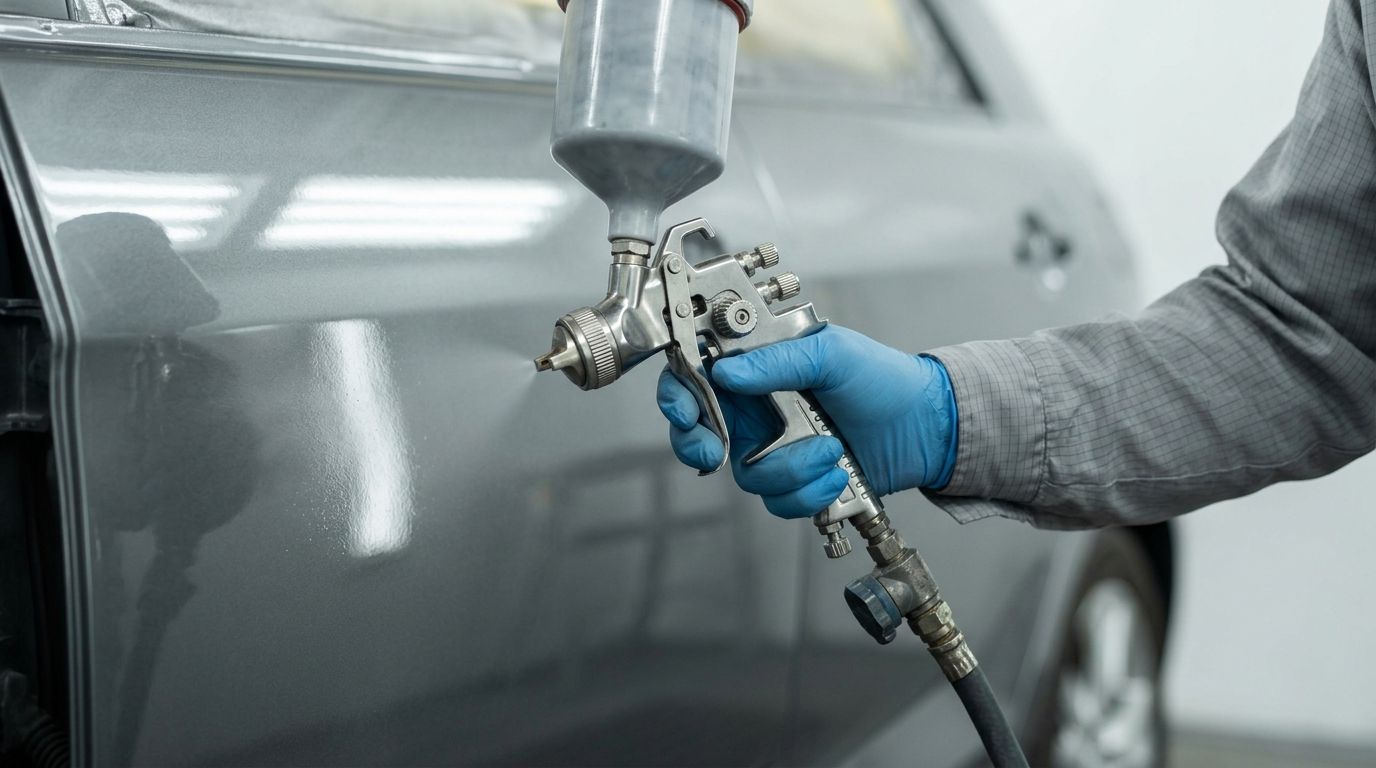 Experienced automotive spray painter applying finish to a vehicle panel in a professional workshop