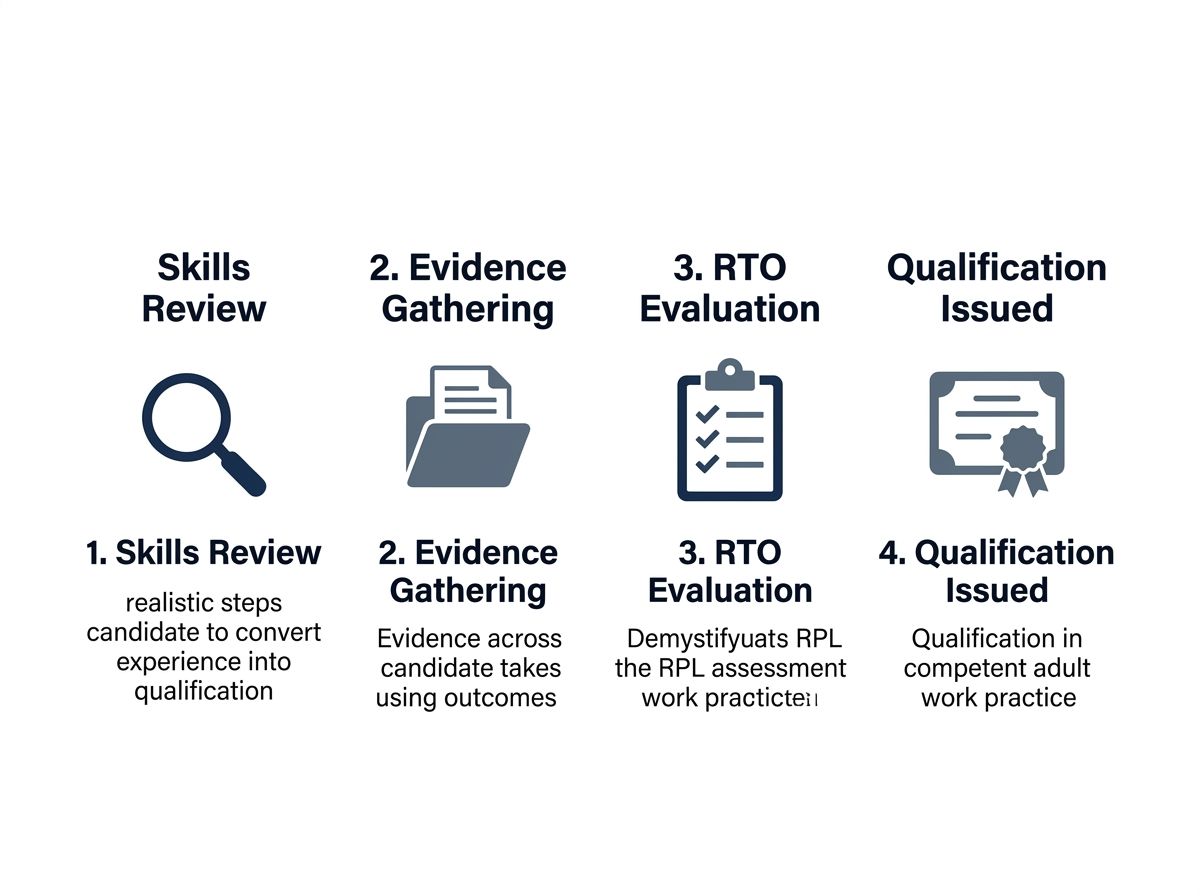 Four-step RPL carpentry assessment process flow showing review, evidence, evaluation, and qualification