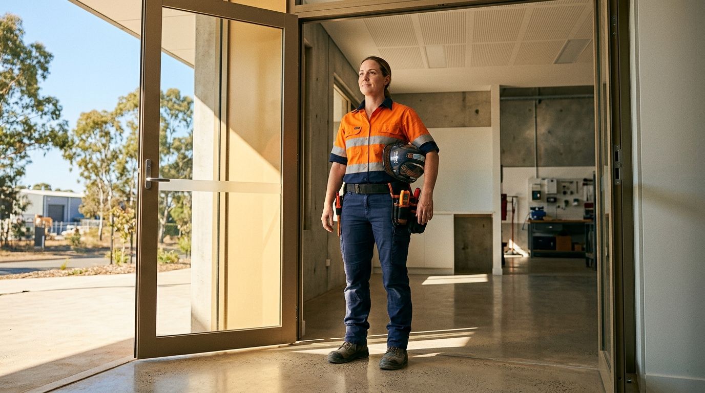 A skilled professional standing at an open doorway, representing the threshold to formal recognition through RPL in Australi…