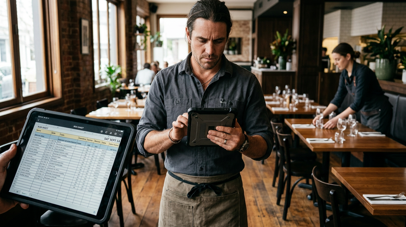 Australian hospitality manager reviewing digital operations documents in a restaurant before service starts