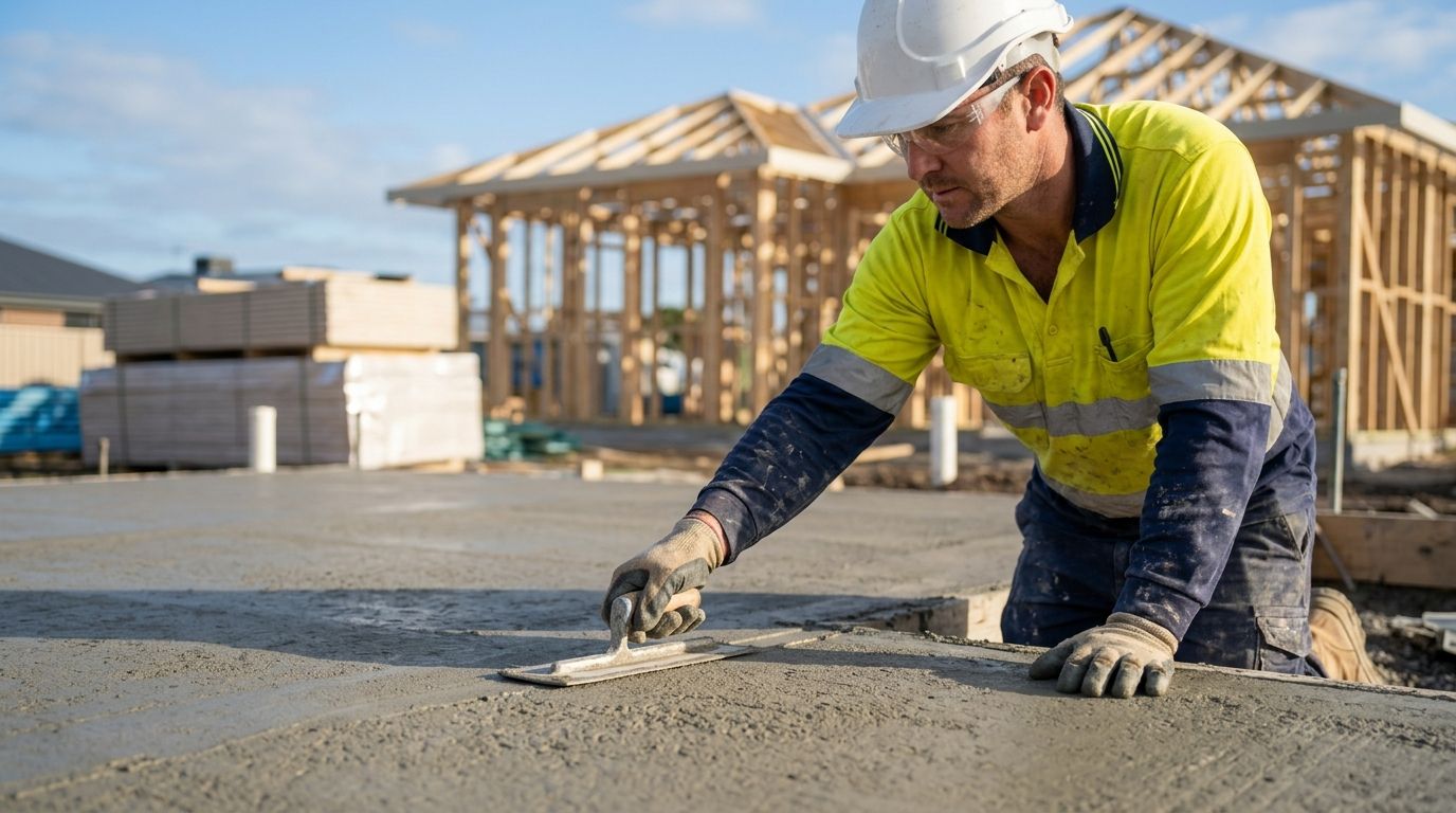 Experienced Australian concreter in high-vis workwear finishing a concrete slab edge with a hand trowel.