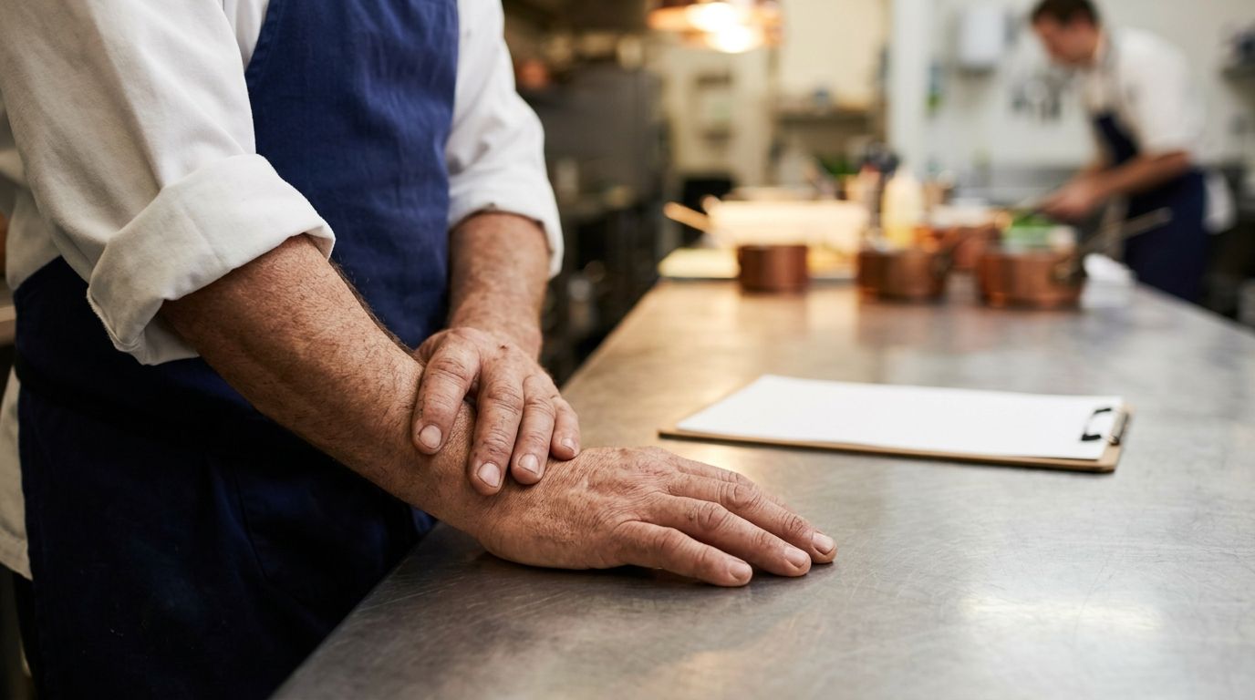An experienced chef's hands on a stainless steel bench next to a blank clipboard, representing unrecognised kitchen skills.