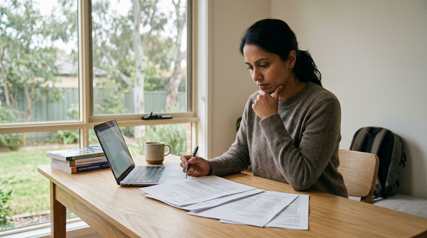 A skilled migrant thoughtfully reviews her overseas qualification documents at a desk in Australia.