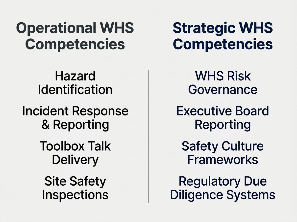 Comparison table of operational site-level safety duties versus strategic board-level WHS governance competencies