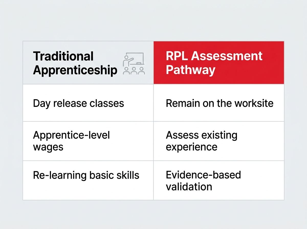 Comparison diagram of traditional carpentry training versus the RPL assessment pathway