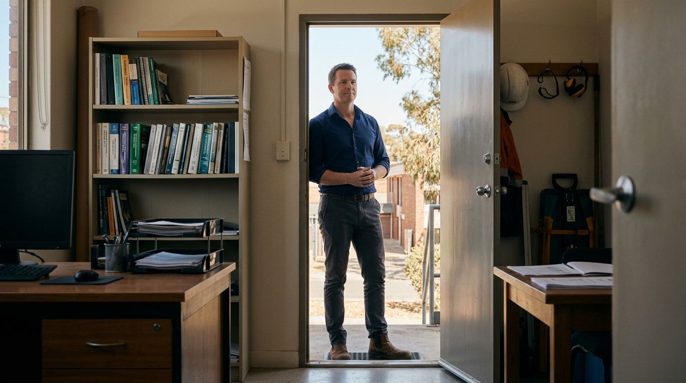 An Australian worker in civilian clothes standing at an open doorway, representing transition to civilian career recognition