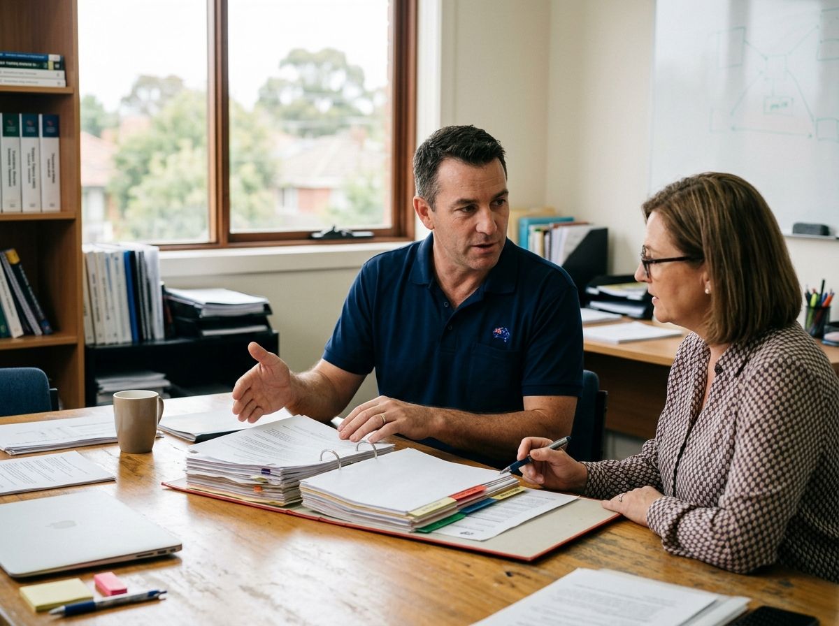 Worker presenting a comprehensive evidence folder to an assessor for RPL certificate evaluation in Australia