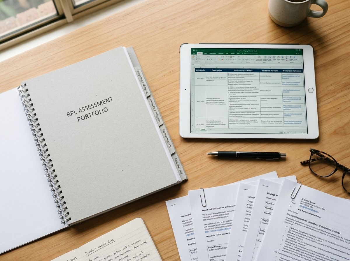An organized evidence portfolio and mapping document laid out on a professional workspace desk.