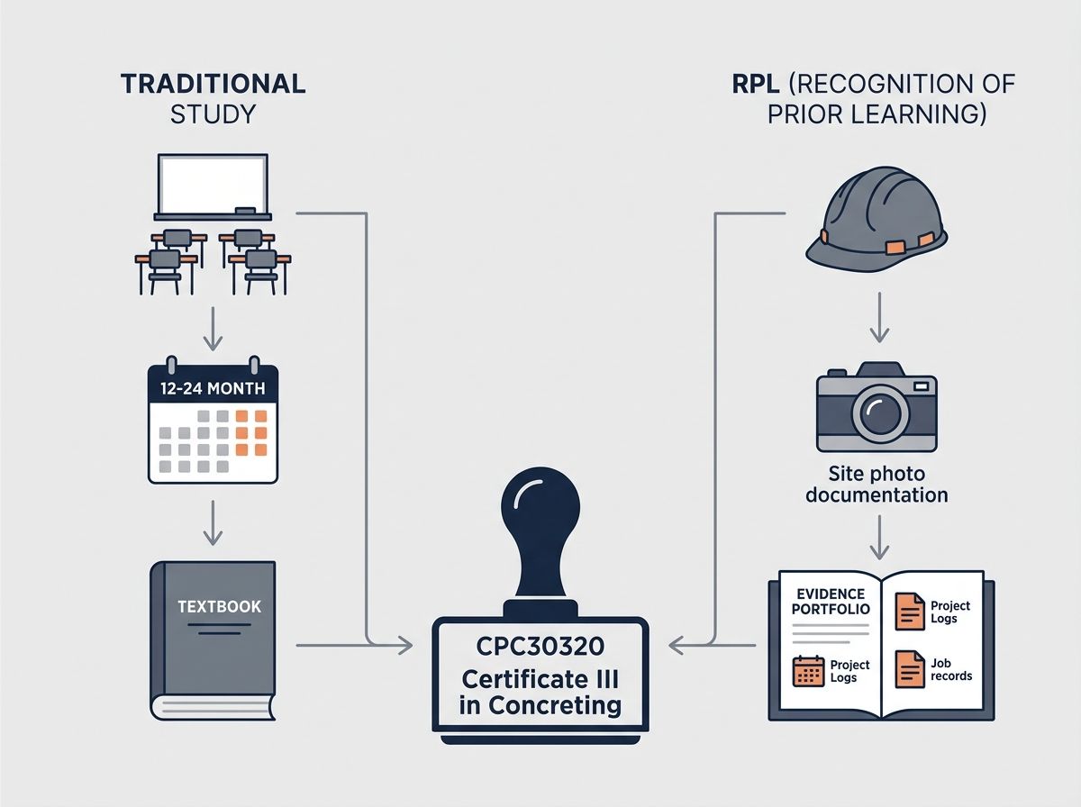 Diagram comparing traditional study with the RPL pathway for CPC30320 Certificate III in Concreting.
