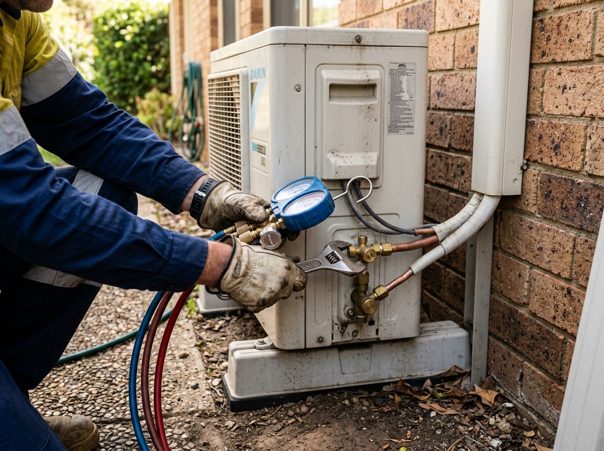 Technician connecting refrigerant lines to an outdoor split system unit for UEE20120 competency evidence