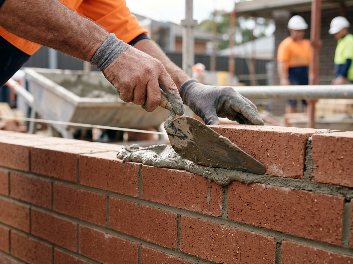 Close-up of a skilled bricklayer using a trowel to apply mortar on a brick wall on-site.