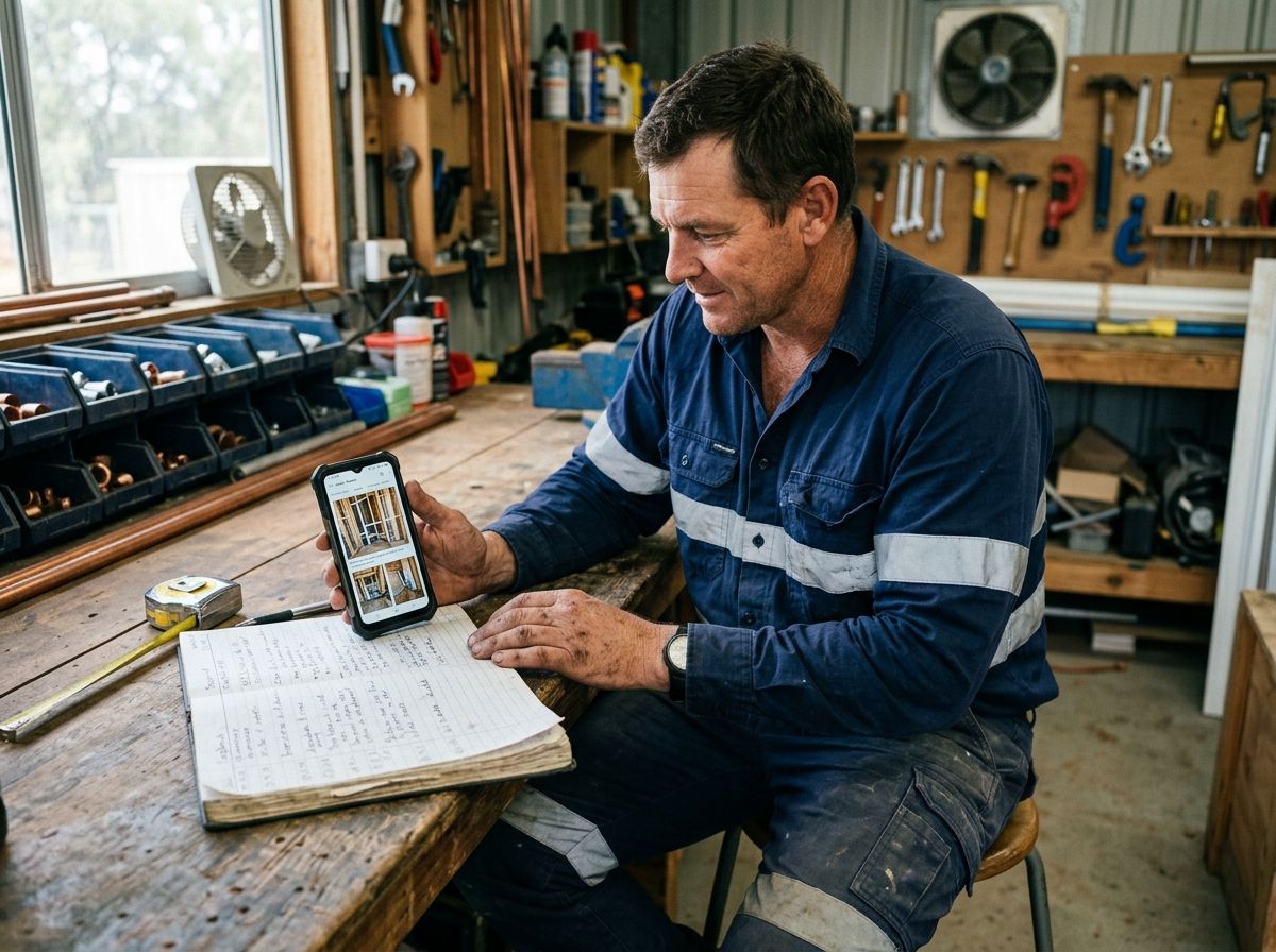 Plumber reviewing site photos and logbook documents on a phone as evidence for RPL assessment