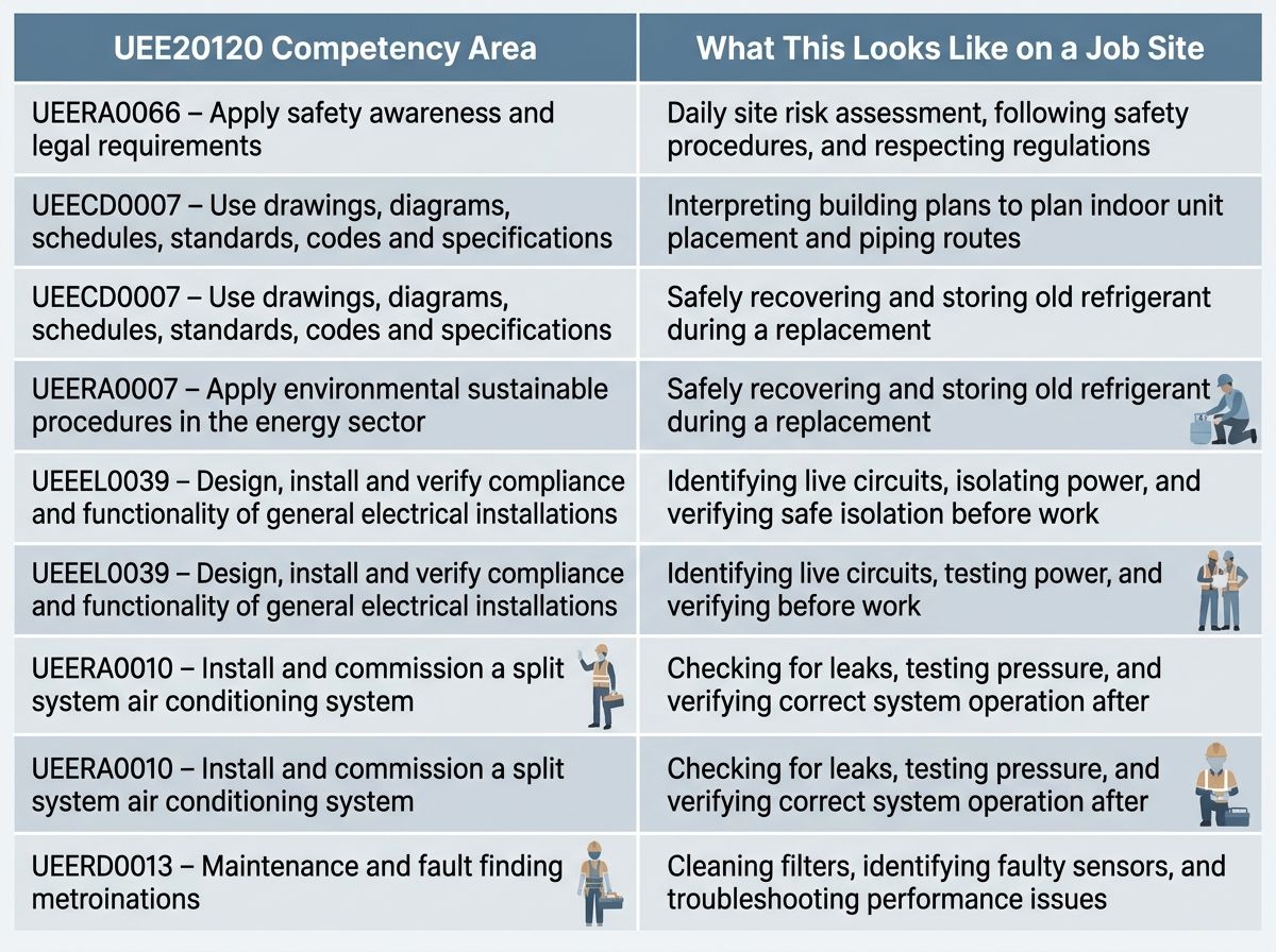 Table mapping UEE20120 competency areas to everyday split system installation tasks.