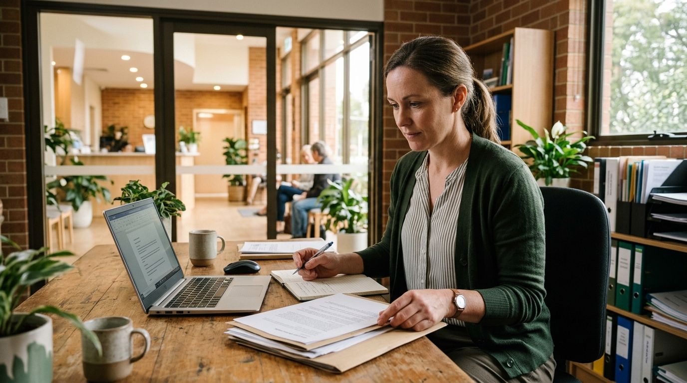 Experienced community services worker at desk preparing documentation — RPL diploma community services pathway