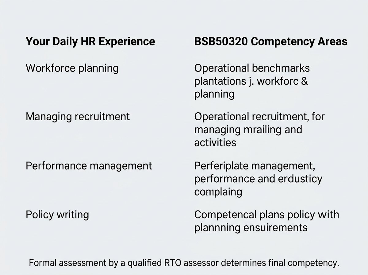 Comparison graphic mapping daily HR coordinator tasks to BSB50320 Diploma of Human Resource Management units.