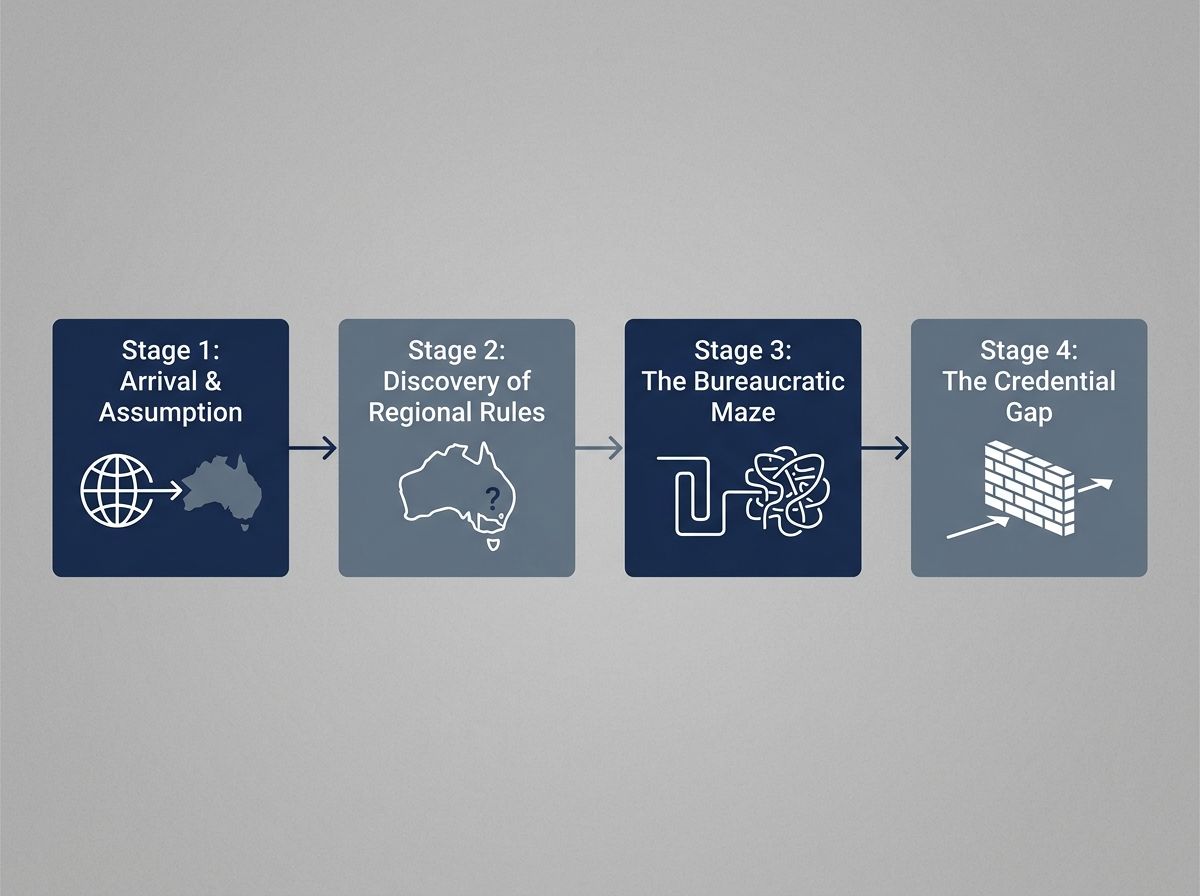 Four-stage process flow diagram illustrating the common licensing hurdles faced by overseas-trained plumbers