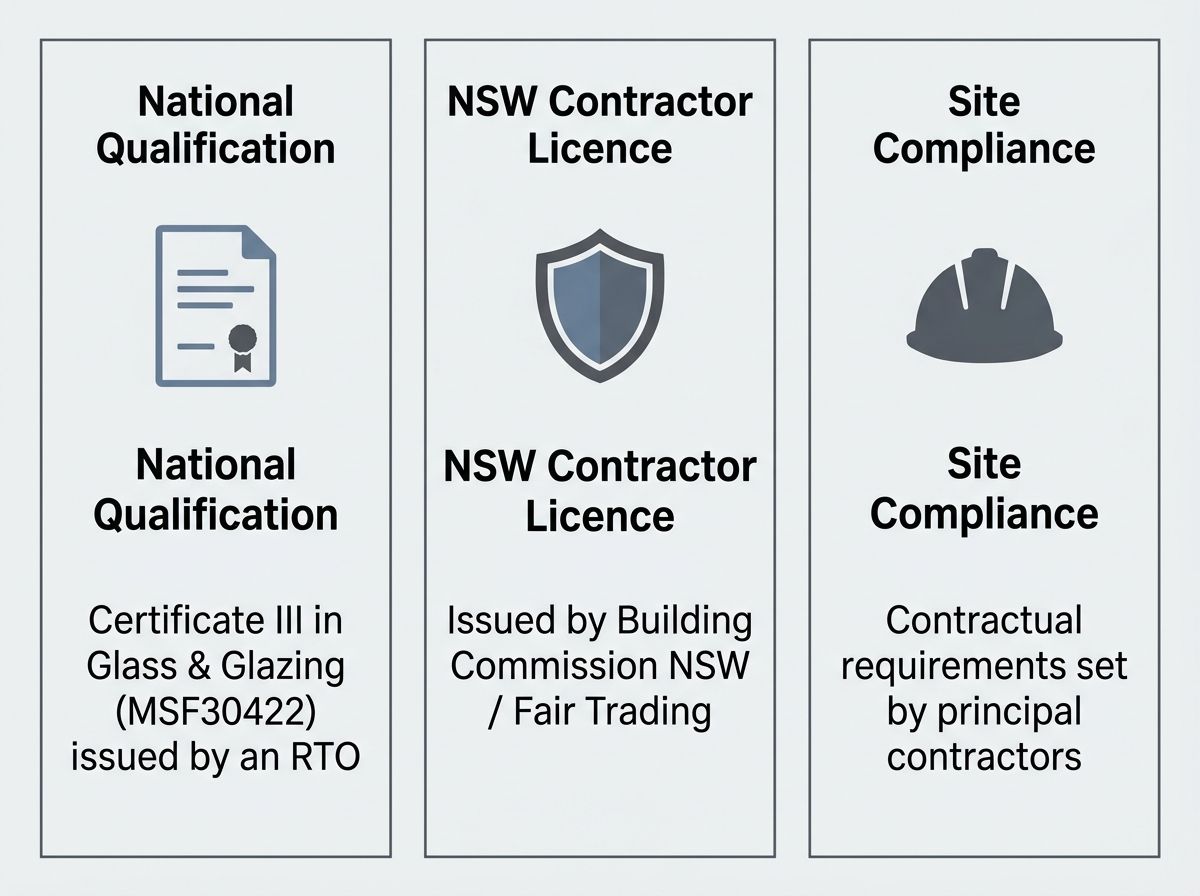 Diagram comparing the Certificate III qualification, NSW Contractor Licence, and site compliance requirements.