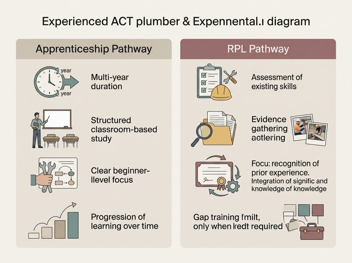 Comparison table showing differences between plumbing apprenticeship and RPL pathway for experienced workers
