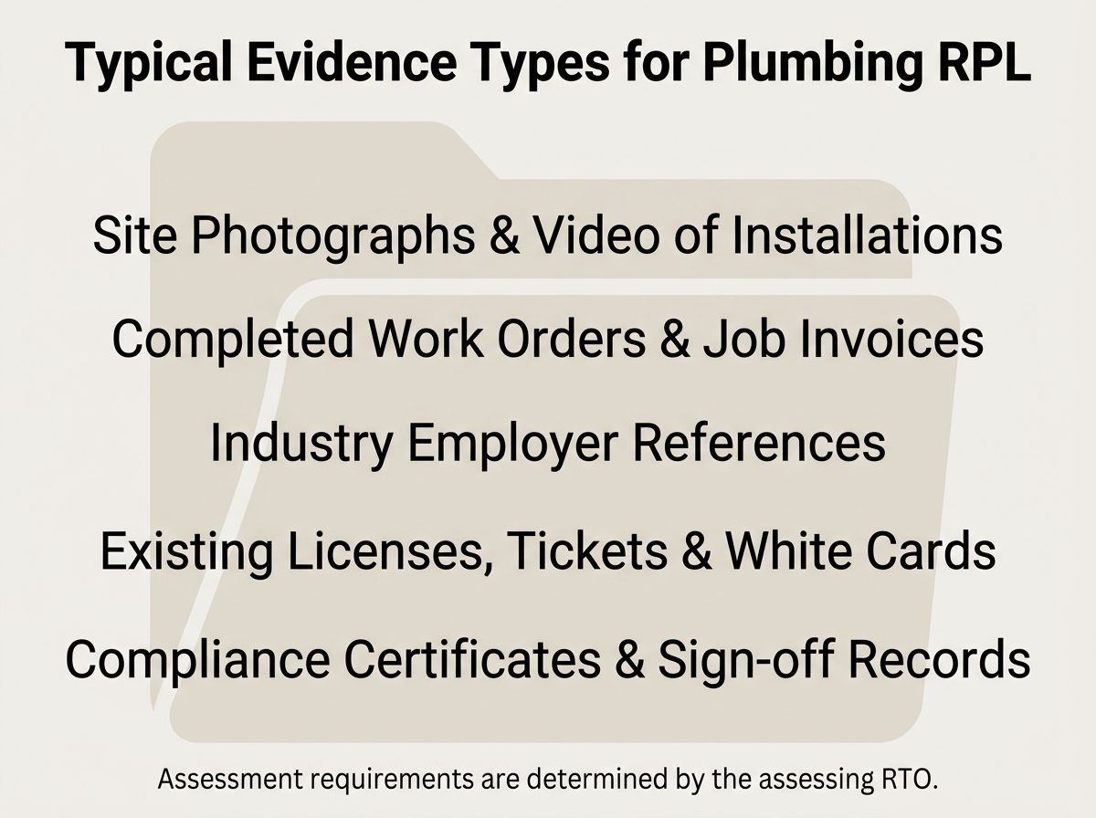 A checklist of common workplace evidence types utilized in a Certificate IV plumbing RPL portfolio.