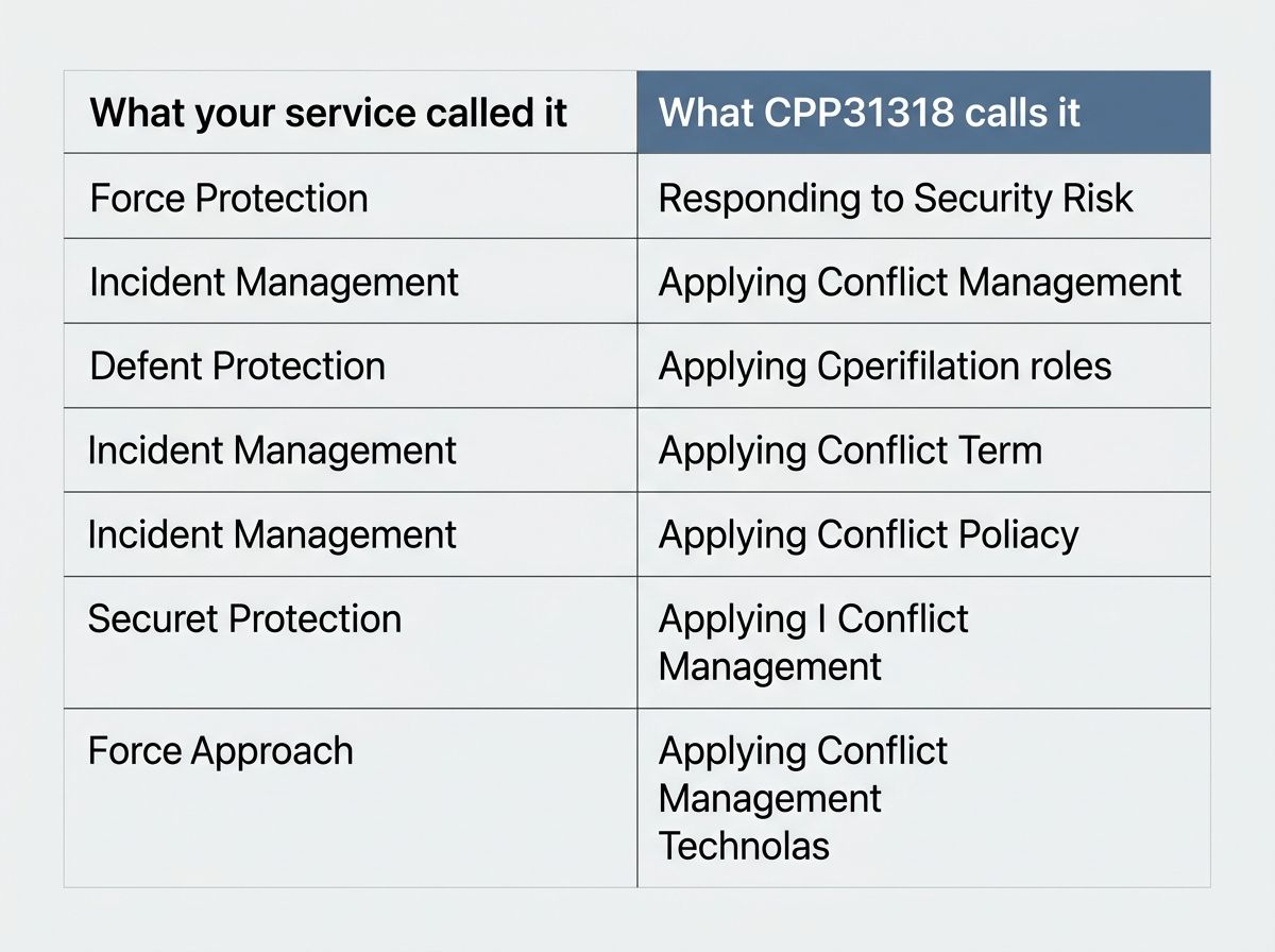 Table comparing military and police service terms with CPP31318 security competency language.