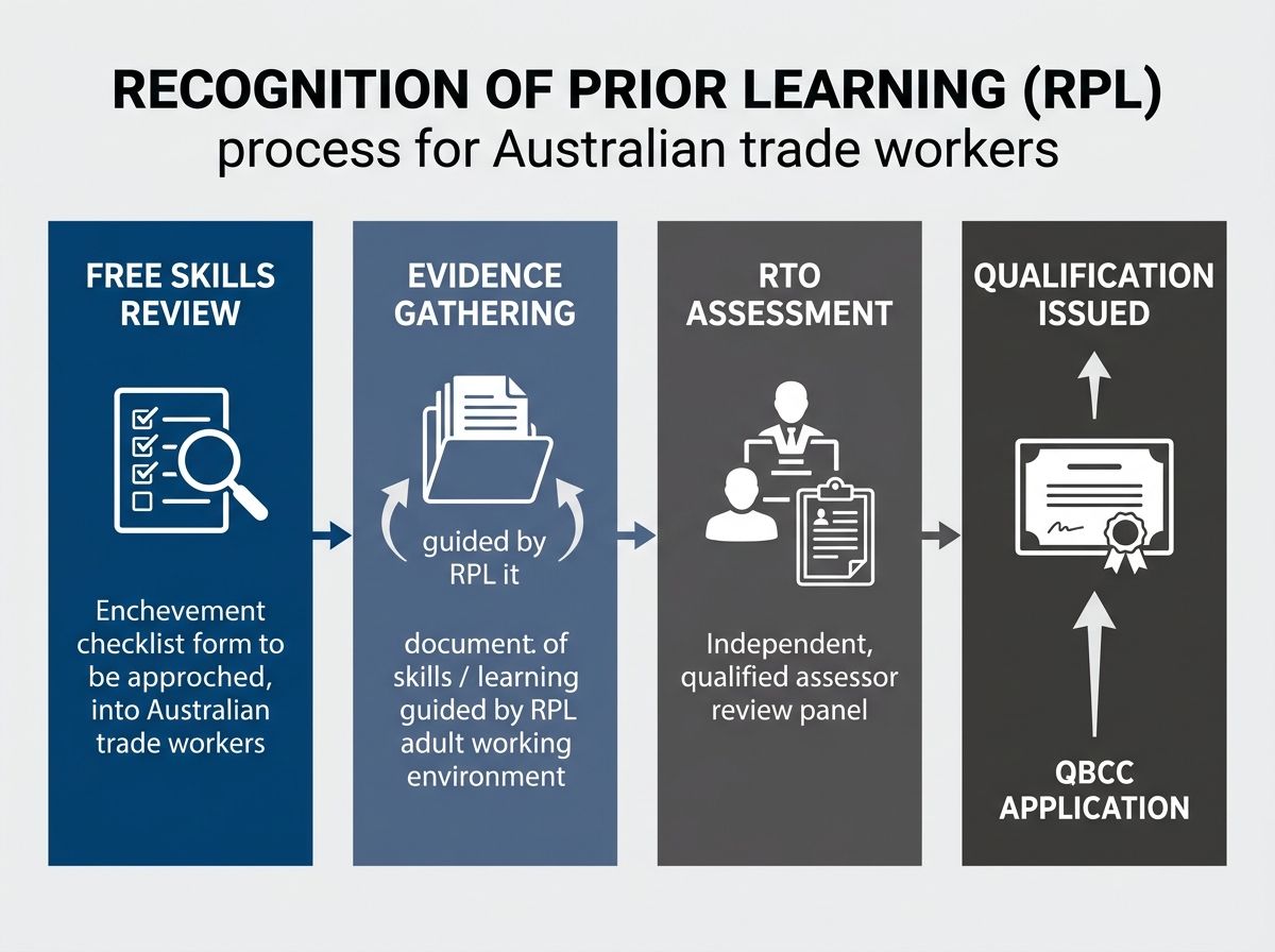 4-step RPL pathway from Free Skills Review to qualified QBCC trading license application