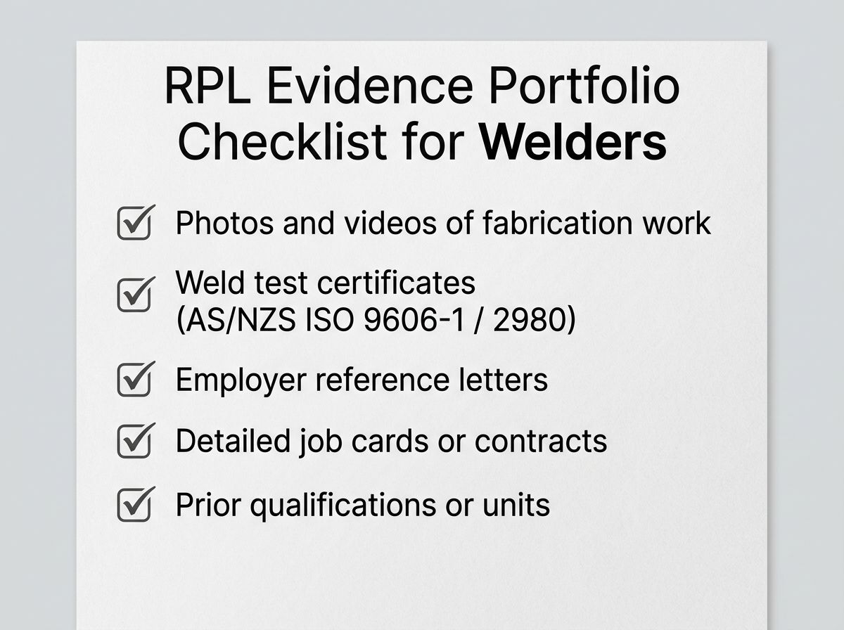Checklist of RPL evidence types for welders including weld test certificates, photos of work, and references