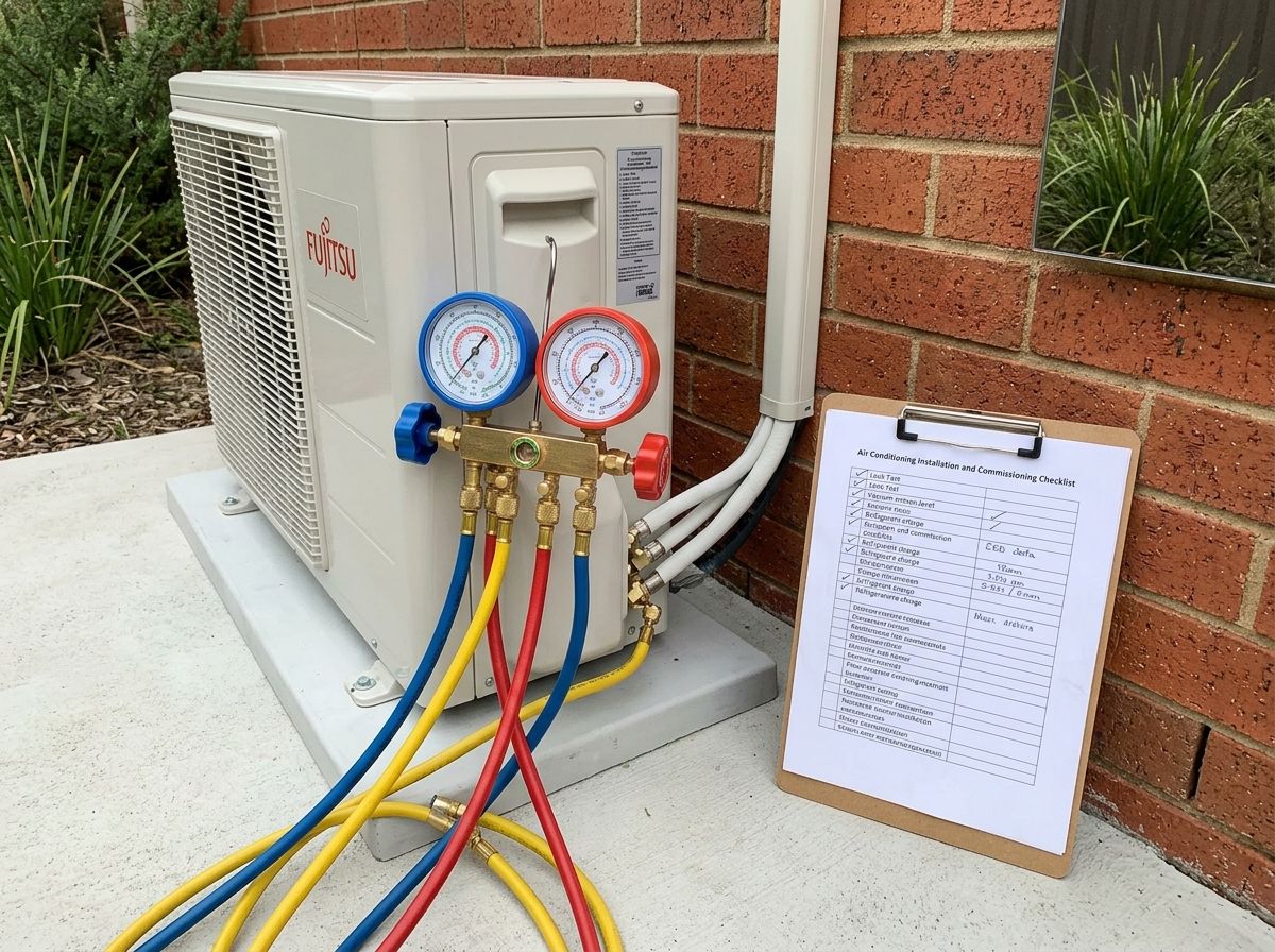 Refrigerant pressure gauges and commissioning checklist on an outdoor split system unit.