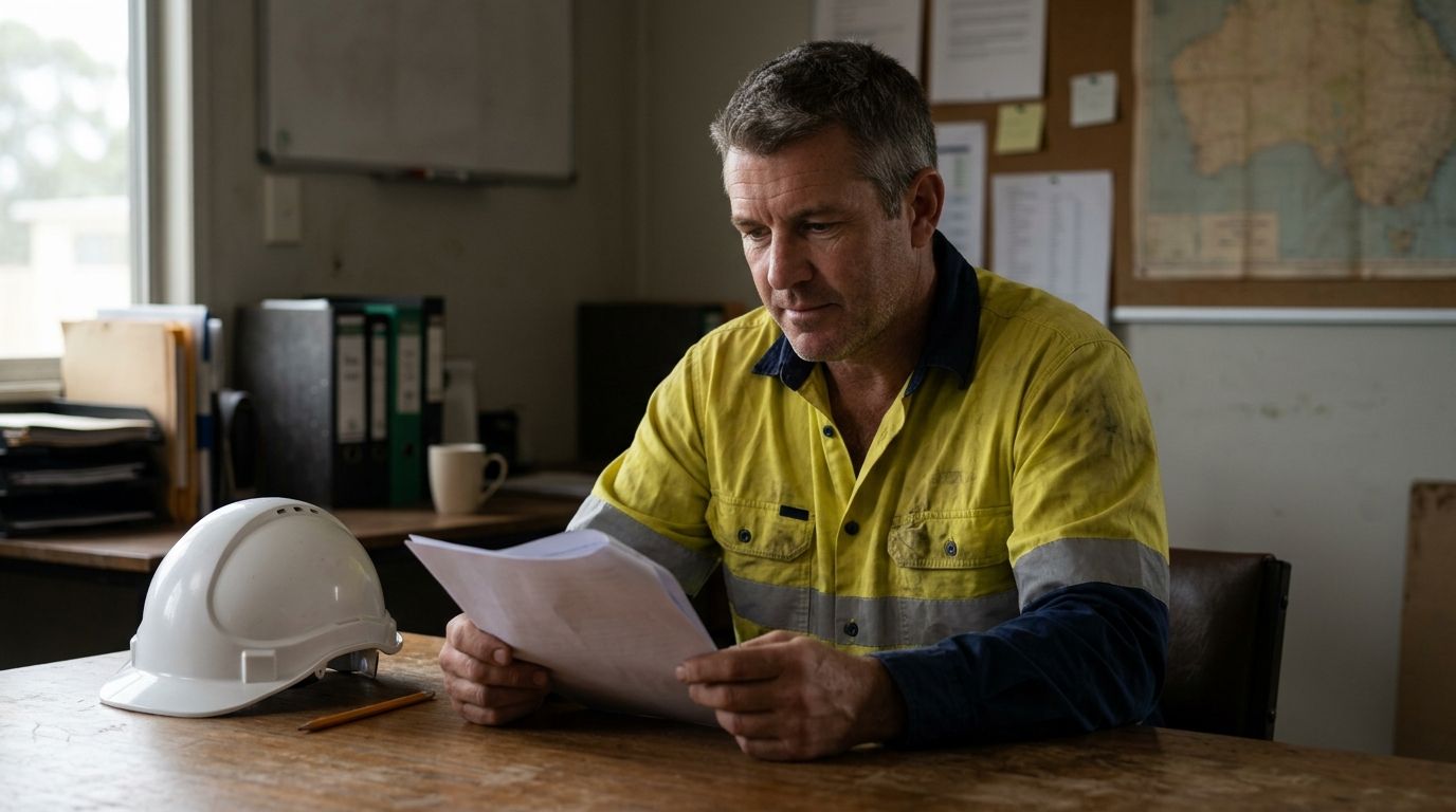 An experienced Australian worker in hi-vis reviewing an RPL qualification requirement document in a site office.