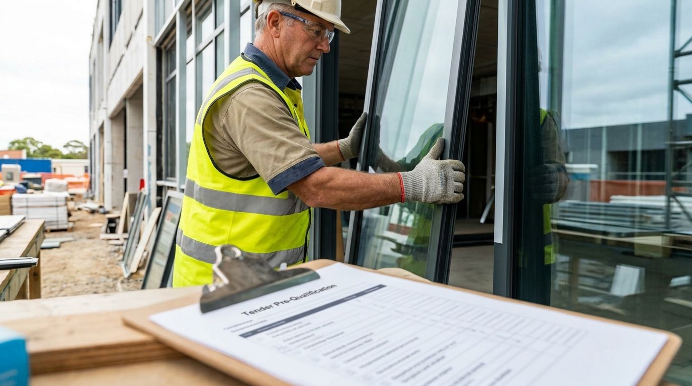 Glazier installing commercial glass panel next to a tender compliance checklist on an Australian work site.