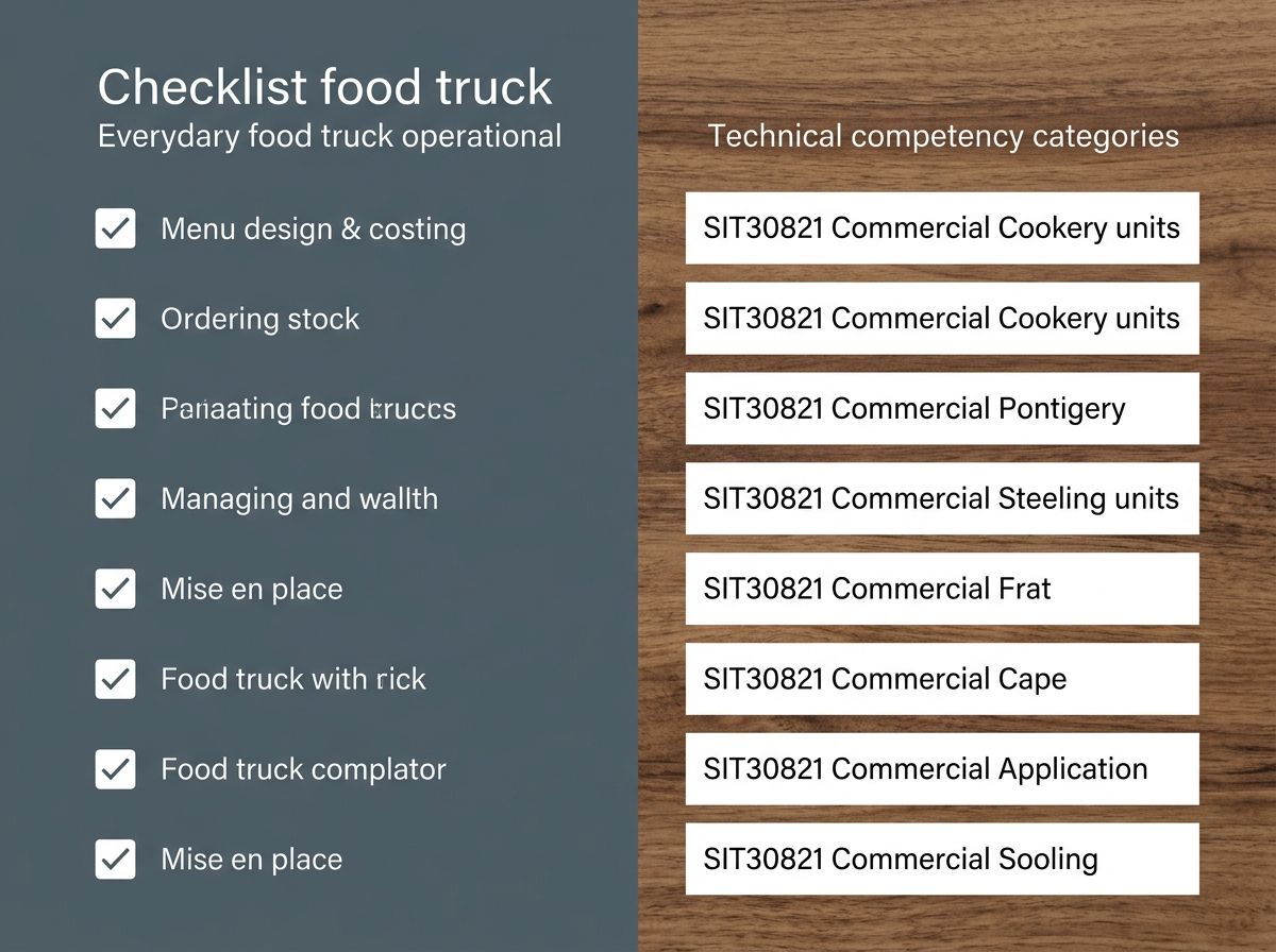 A simple comparison graphic mapping daily food truck operations to Certificate III in Commercial Cookery competency areas.