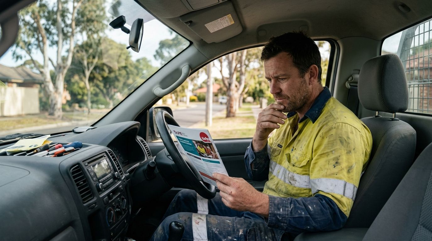 Skeptical Australian plumber in high-vis sitting in a work ute looking at a course brochure.