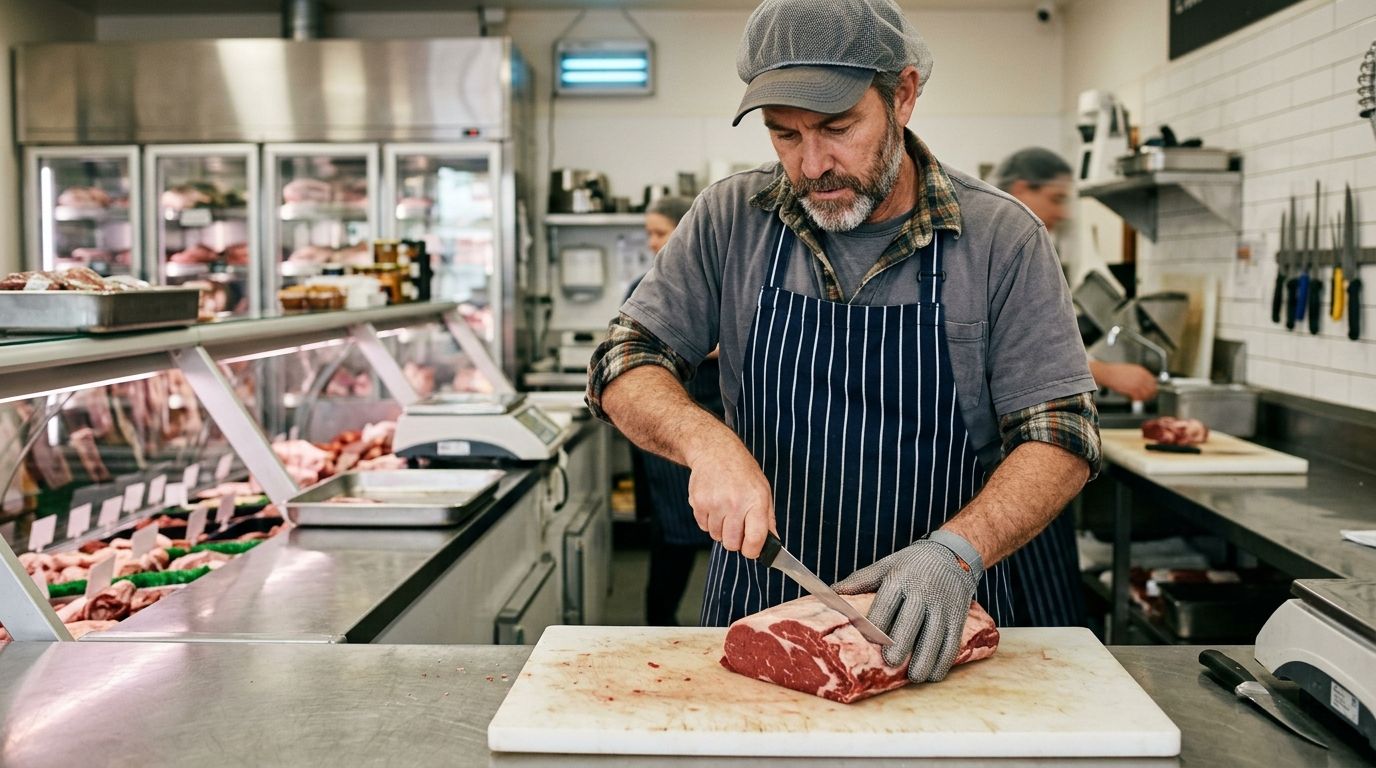 Experienced retail butcher preparing meat cuts in an Australian shop, demonstrating hands-on competency.