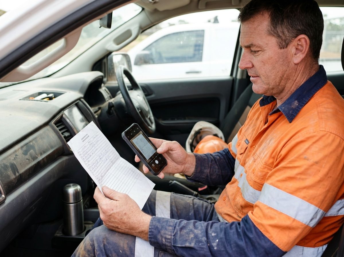 Plumber uploading site evidence on a smartphone inside his work vehicle.