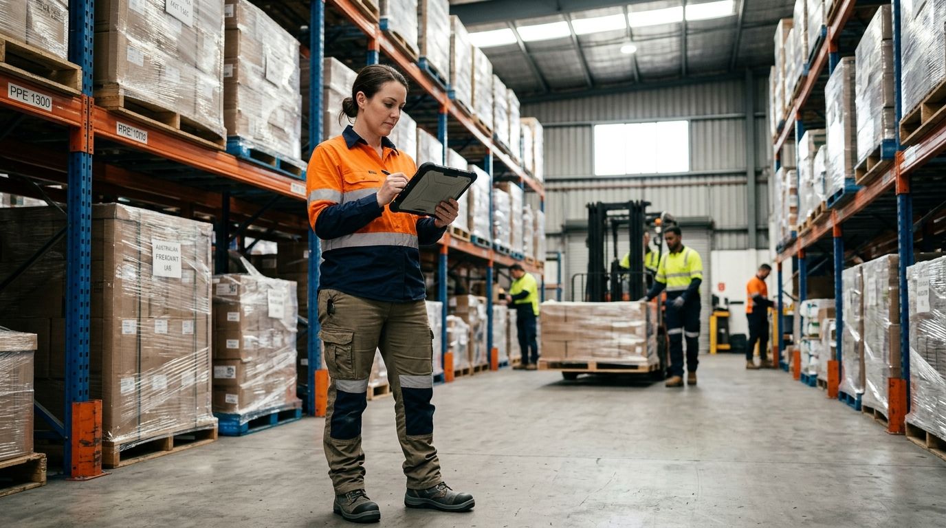 Australian logistics coordinator reviewing warehouse inventory on a tablet in a distribution centre.