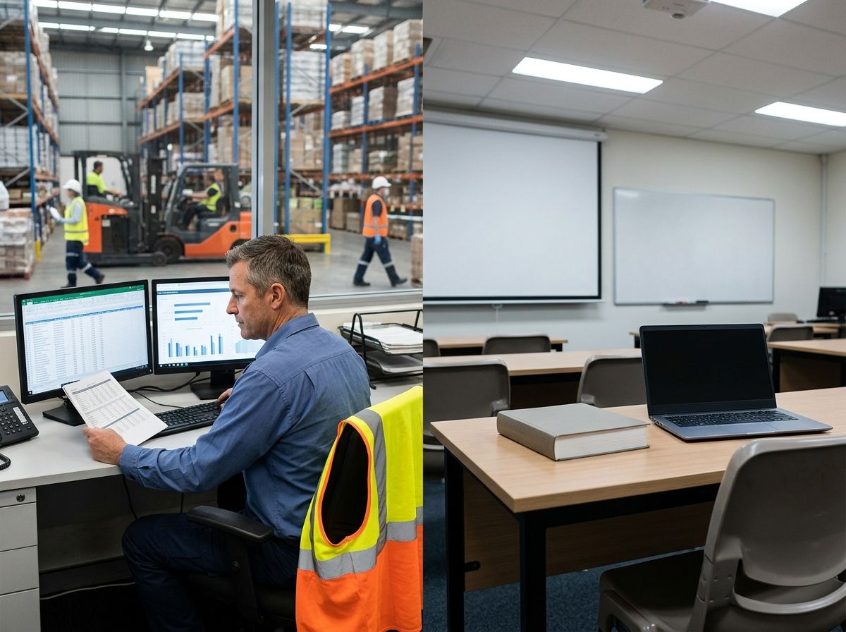 Split view comparing real-world professional logistics management experience with an empty academic study desk.