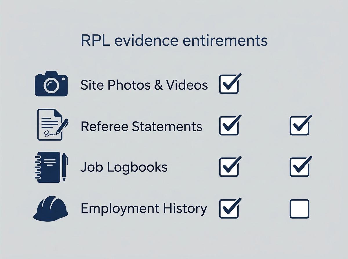 Checklist graphic showing RPL evidence types for concreting: site photos, referee statements, logbooks, and work history.